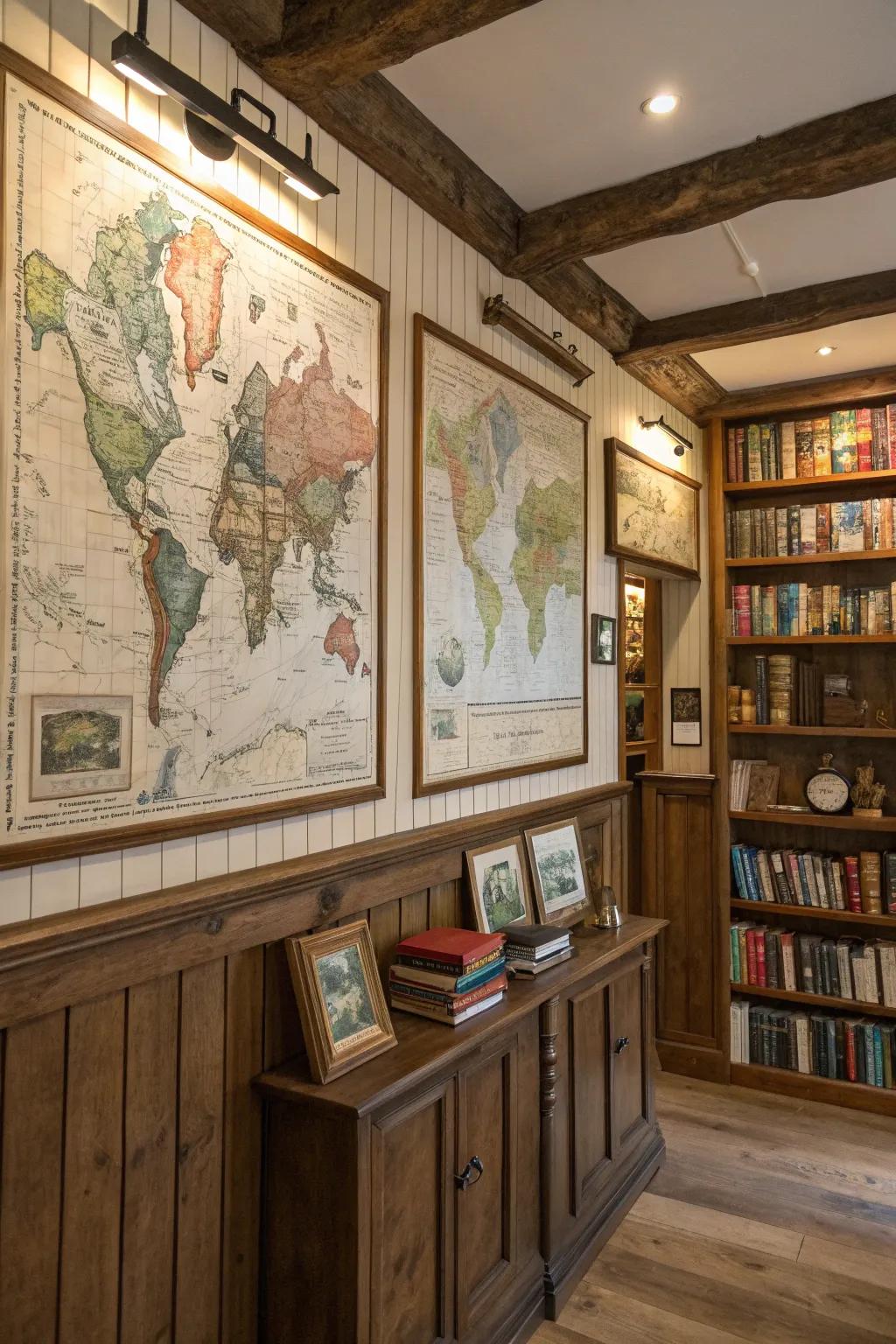 Vintage map art adds historical charm to a rustic study.