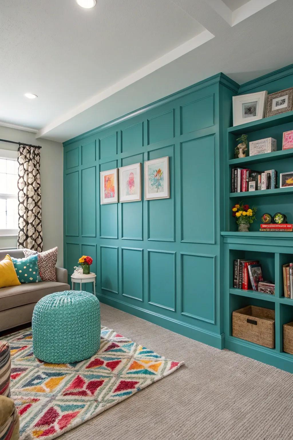 A pop of color in wainscoting adds energy and vibrancy to the room.