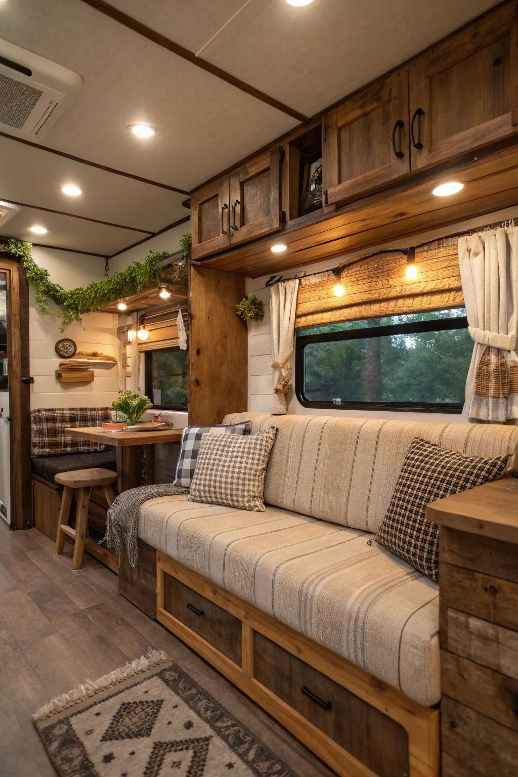 Rustic themes add warmth and character to RV interiors.