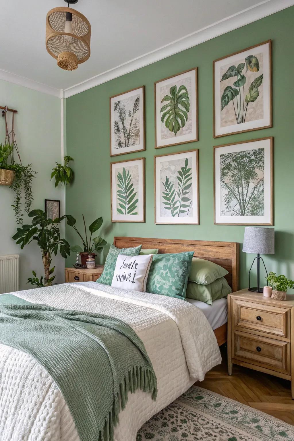 Sage green and botanical prints infuse the bedroom with a fresh, organic charm.