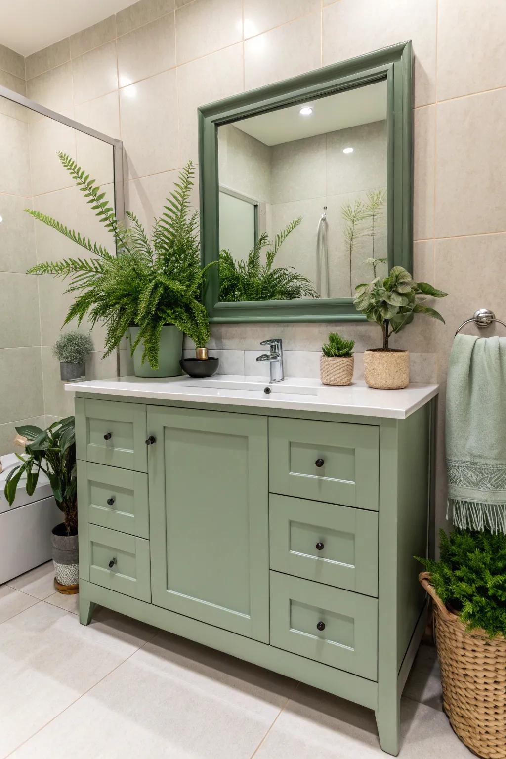 A bathroom rich with natural touches, featuring a sage green vanity and greenery.