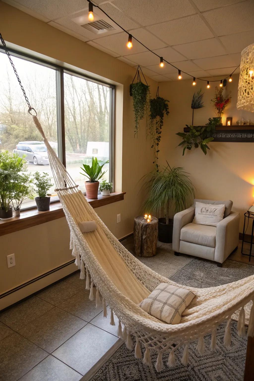 A hammock adds an element of surprise and relaxation.