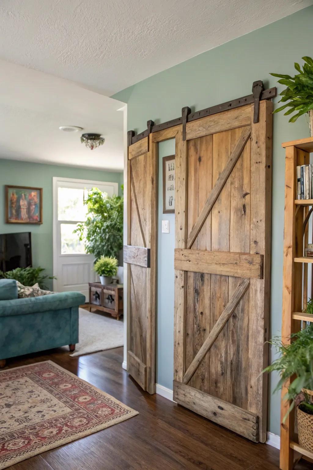 Eco-friendly charm with repurposed saloon doors.