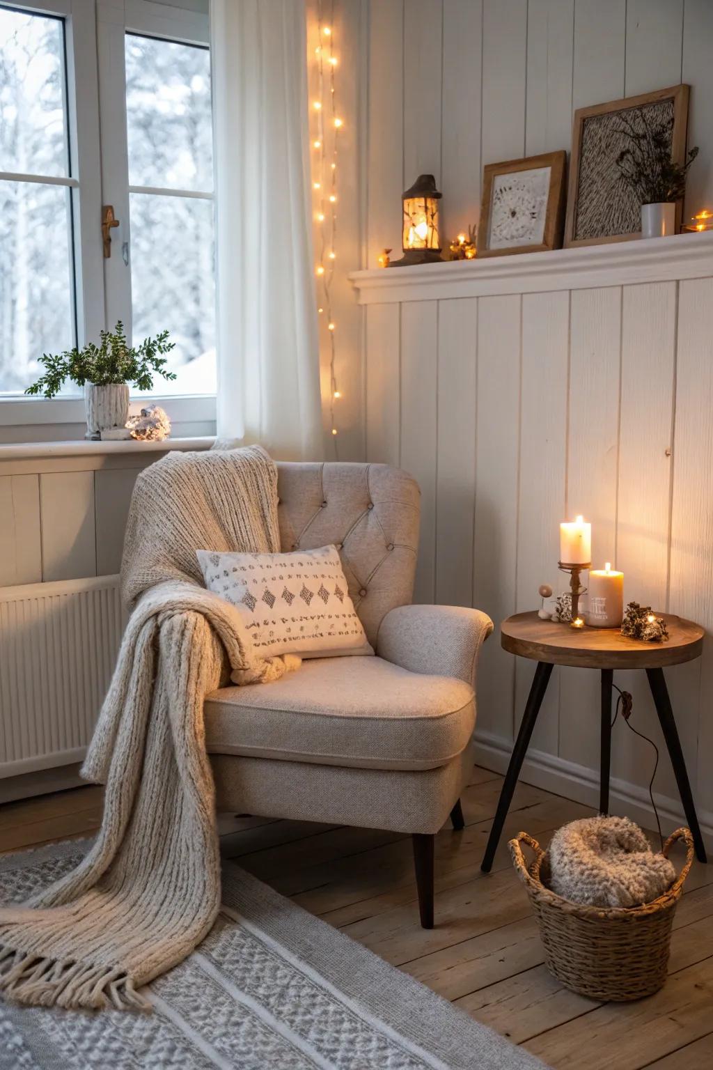 A hygge-inspired corner invites relaxation in this Scandinavian home.