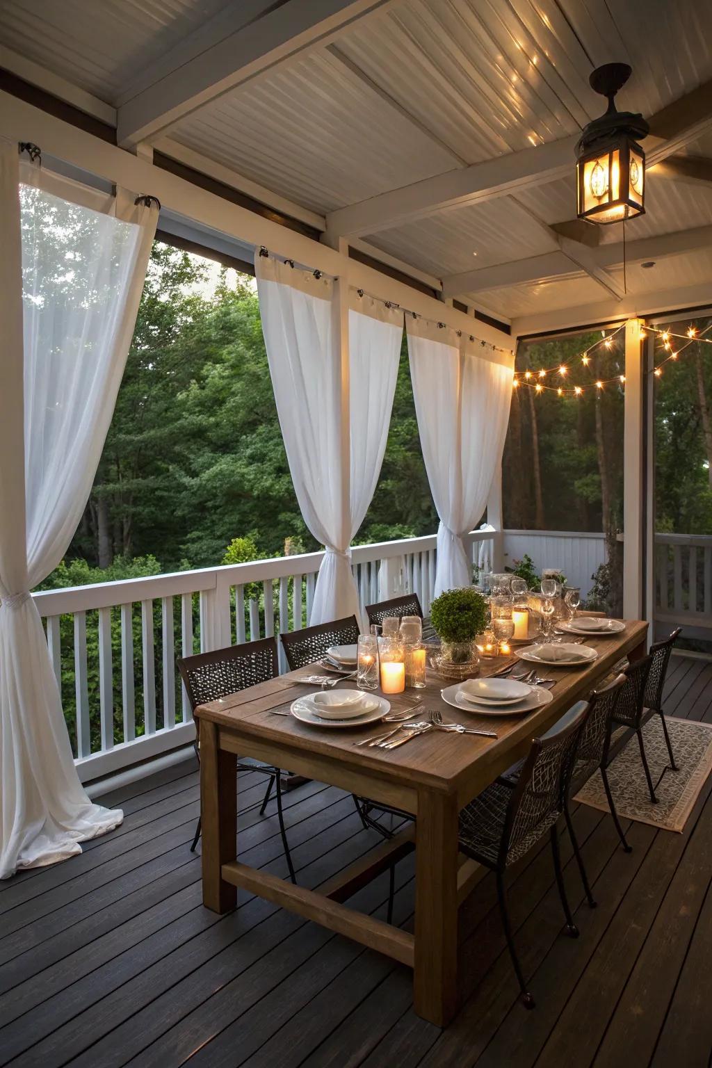 A bug-free dining oasis on the porch makes every meal enjoyable.