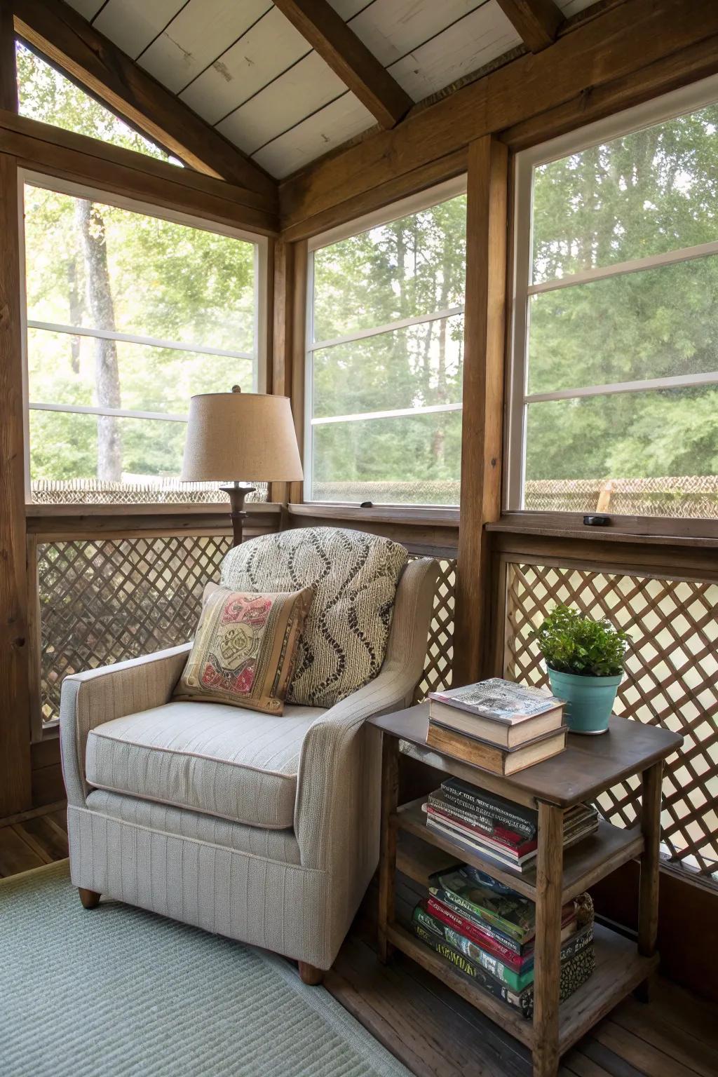 A reading nook offers a peaceful escape.