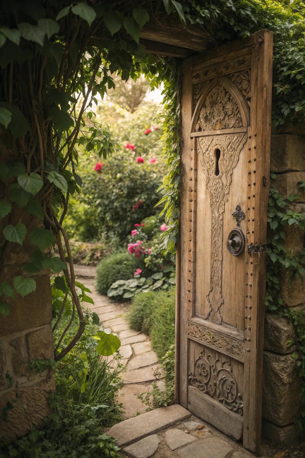 A secret keyhole adds an element of intrigue to this garden door.