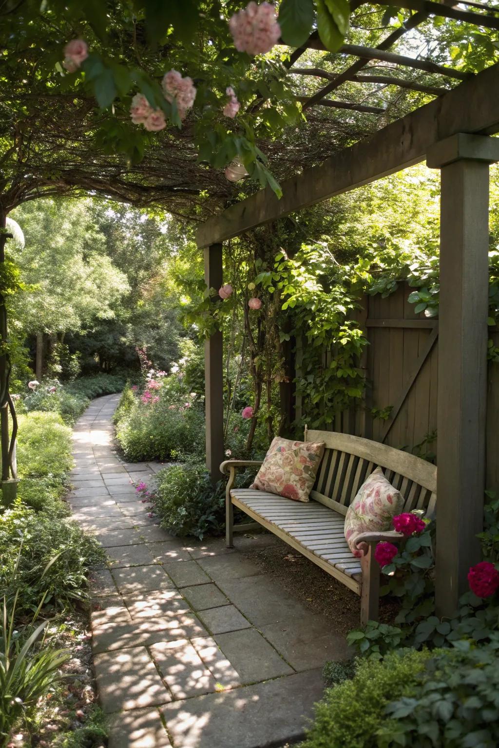 A cozy seating area nestled in a shade garden.