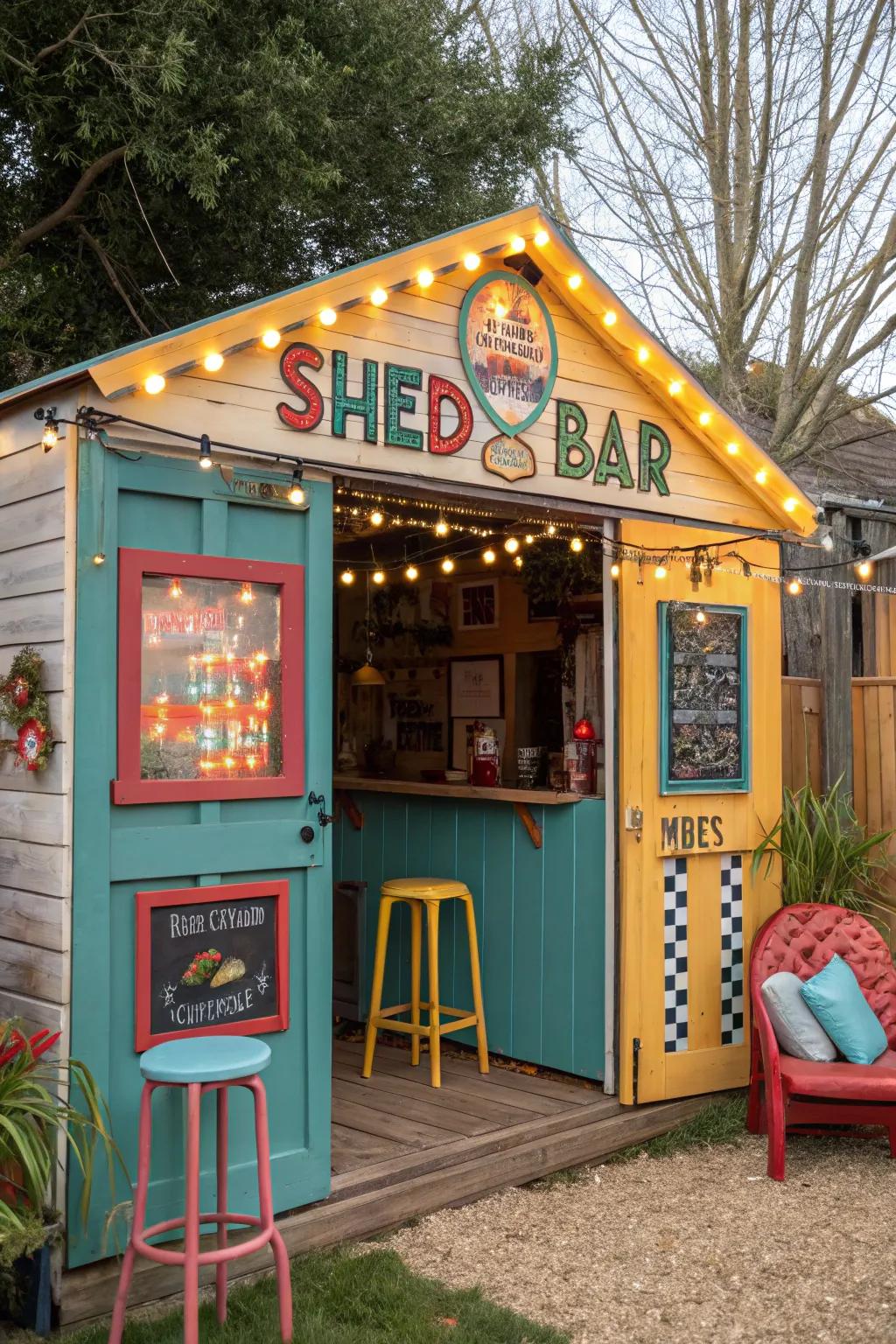 Create a playful atmosphere with a whimsical shed bar.