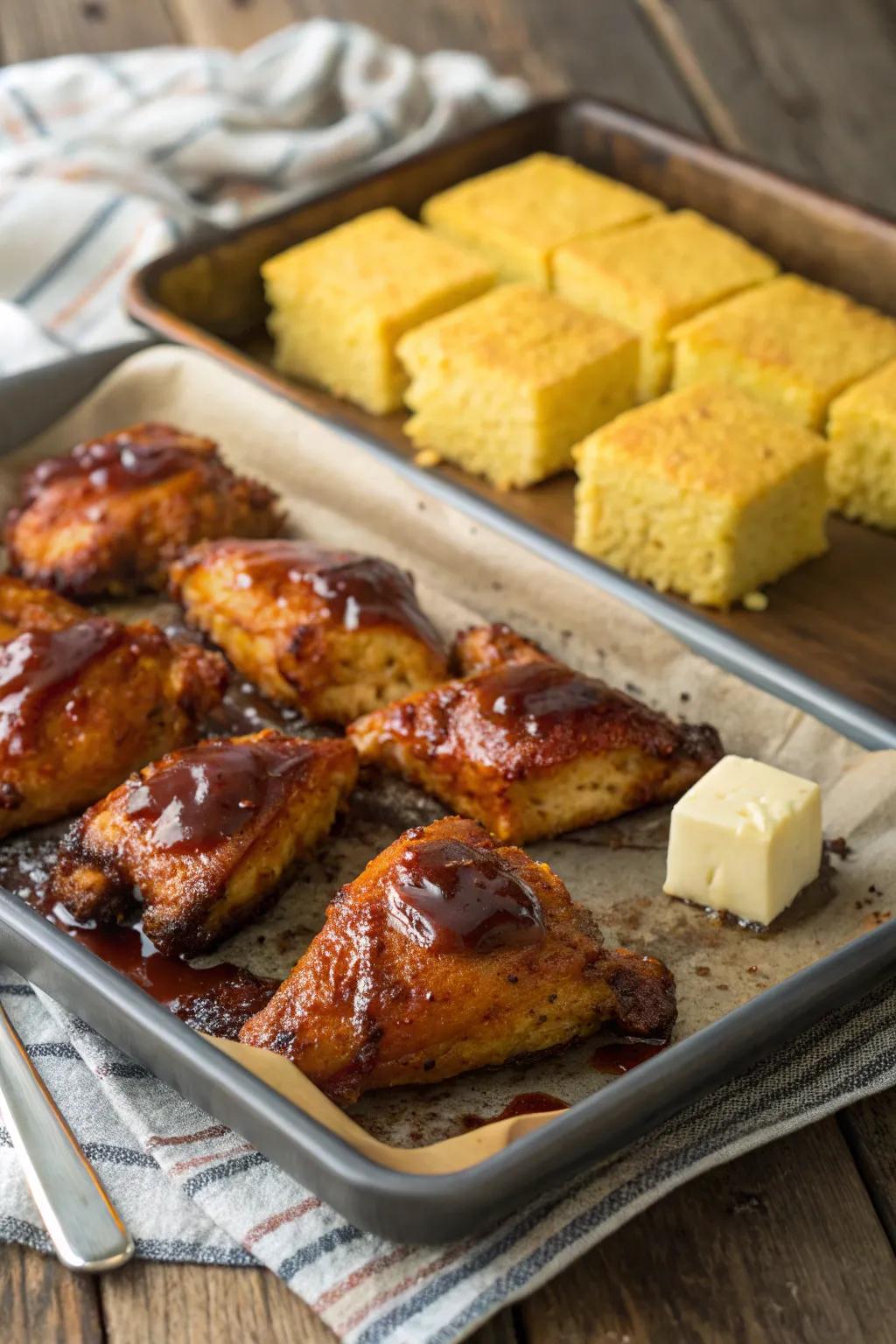 Barbecue chicken with cornbread, a Southern-inspired delight.