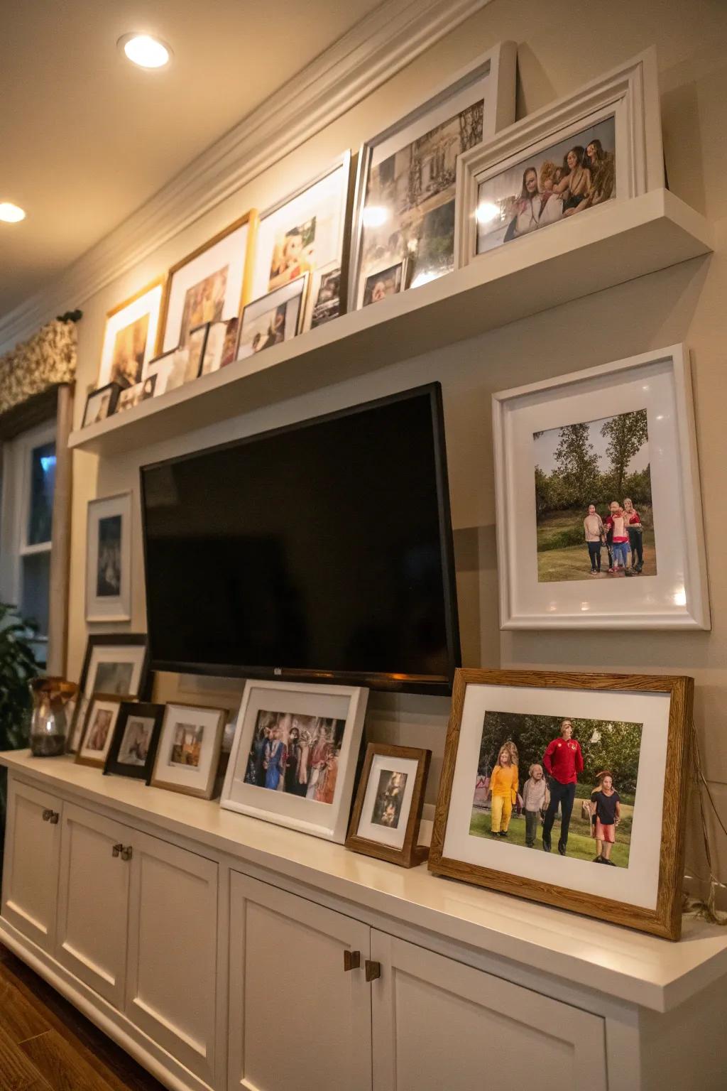 A family gallery on the shelf keeps cherished memories close.