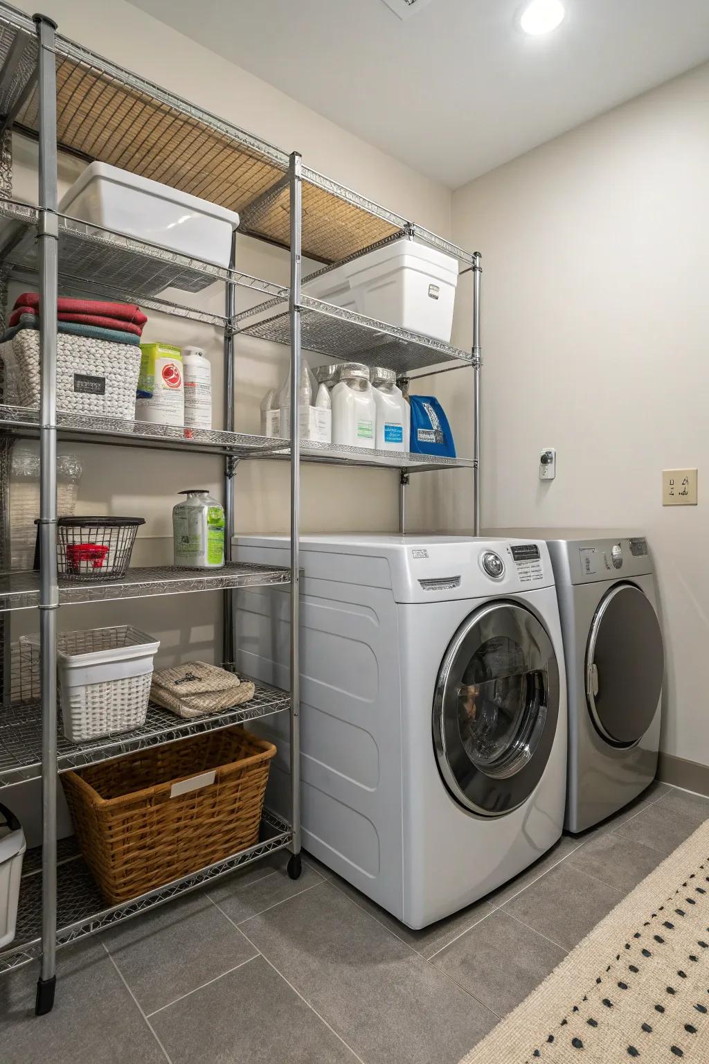 Metal shelves in a utility room, offering a modern and durable storage solution.