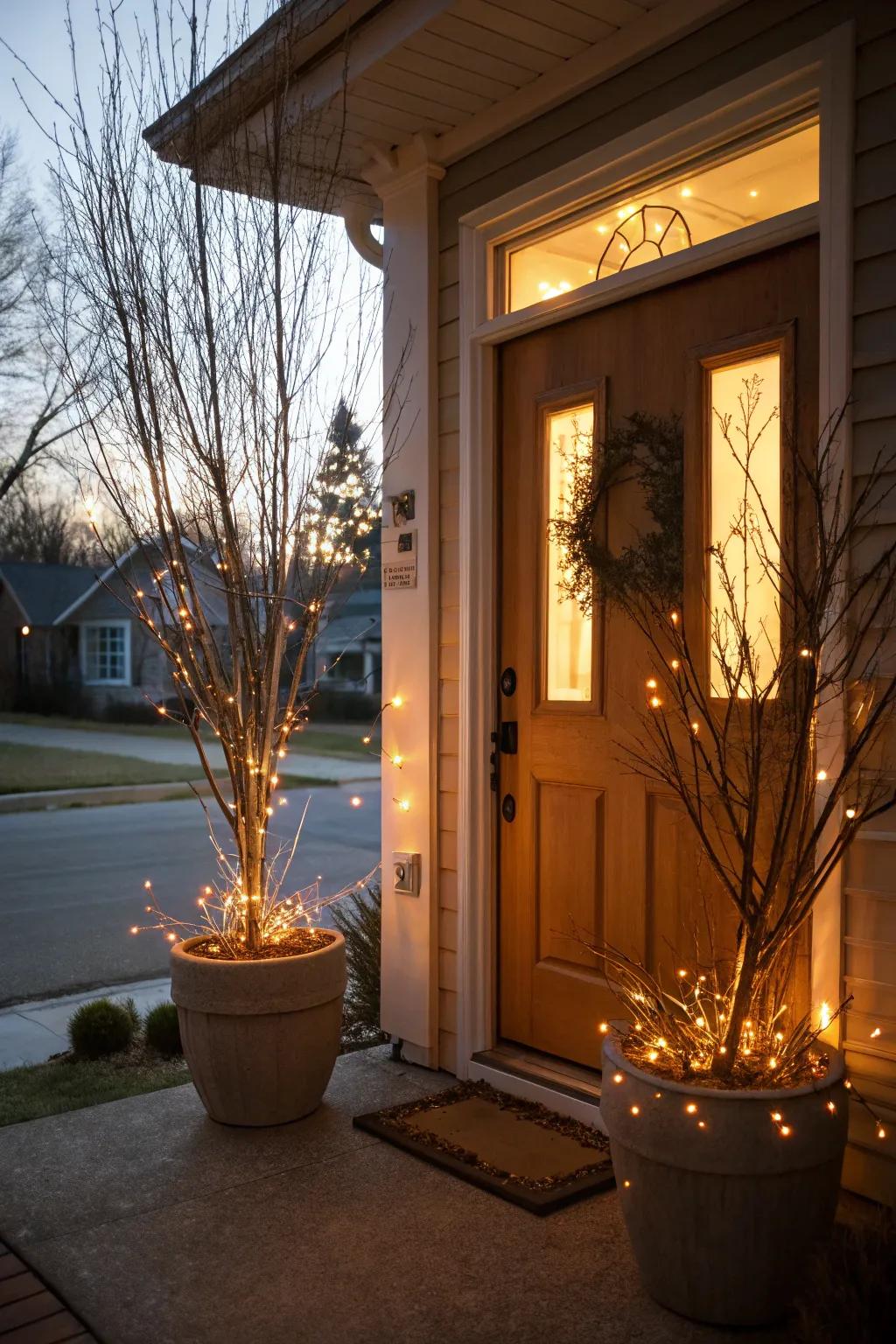 Lighted branches add a modern touch with their soft glow.