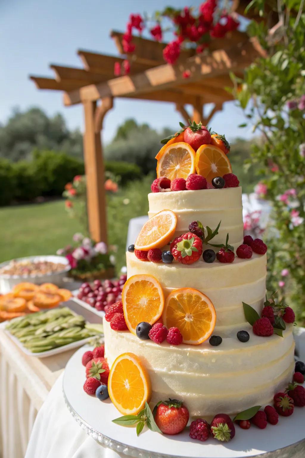 Vibrant and fresh cake with fruit decorations.