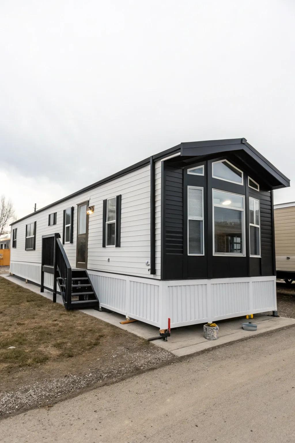 Crisp black and white create a striking, modern look for your mobile home.