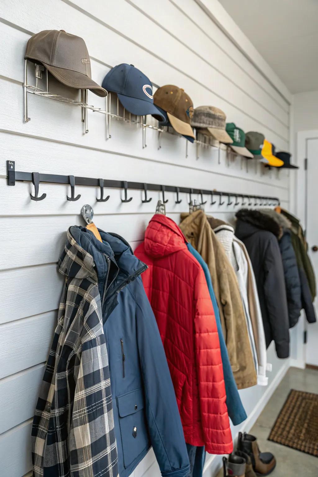 Garment hooks on a slatwall keep outerwear organized and accessible.