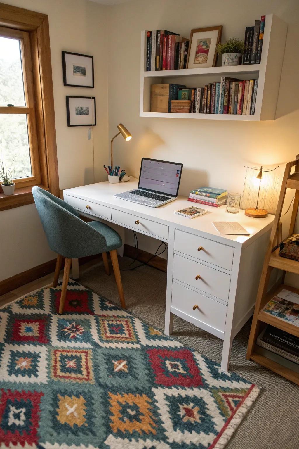 Patterned rugs define and enhance the workspace.