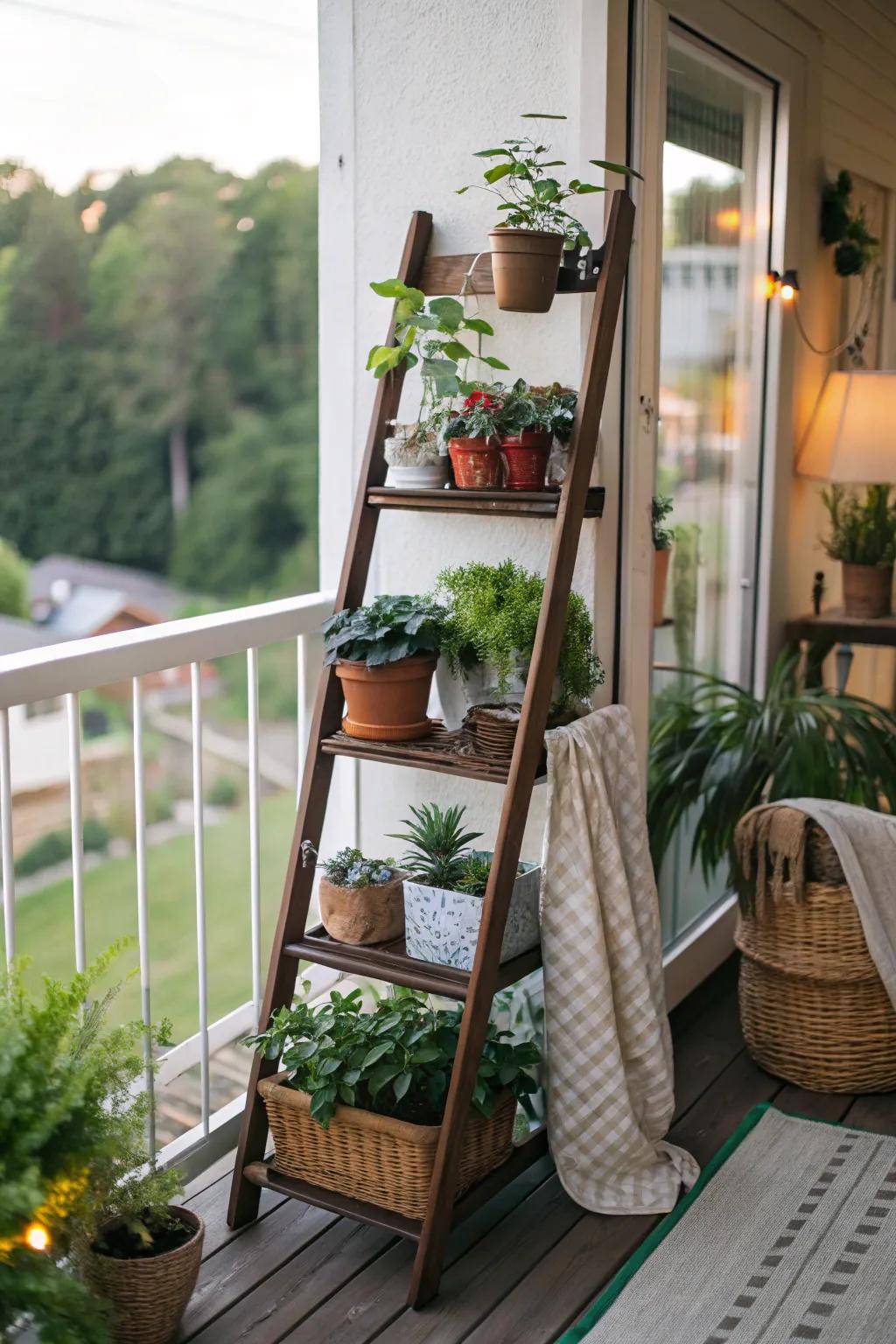 A ladder shelf maximizing vertical space on a small deck.