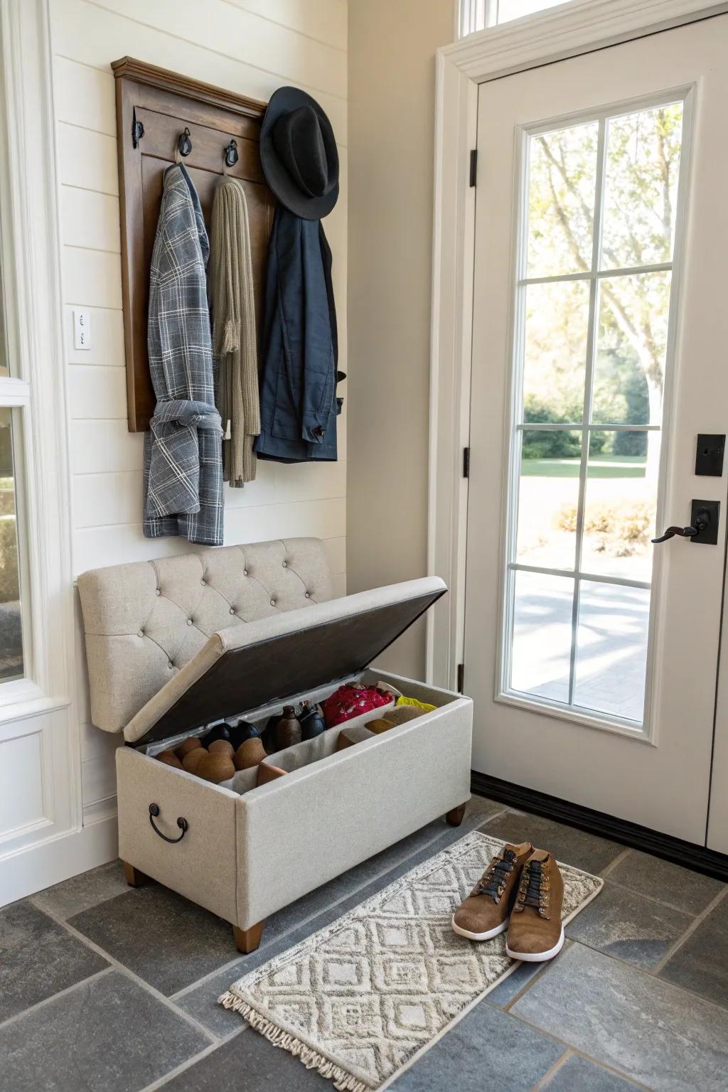 Storage ottomans provide seating and hidden shoe storage.