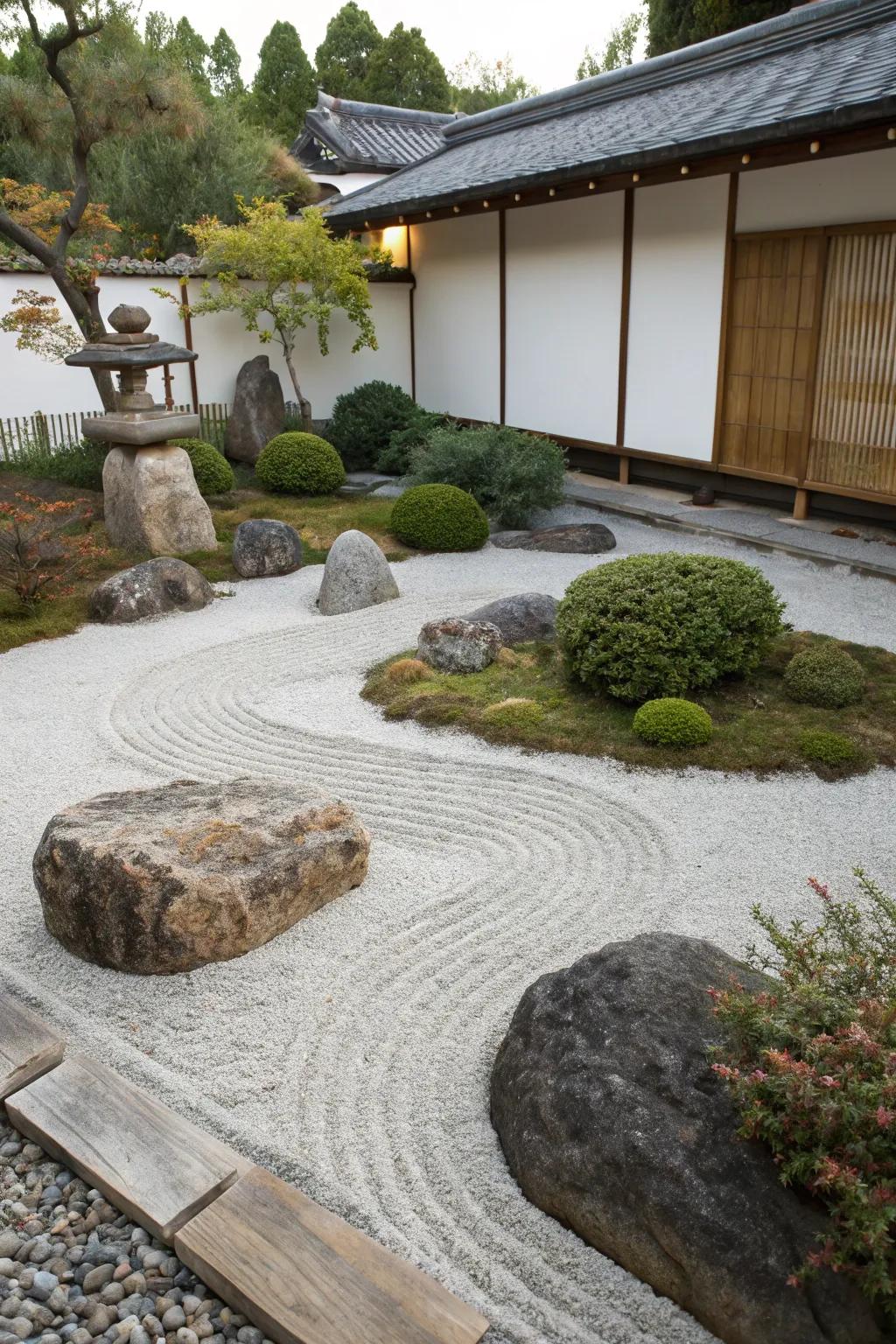 A minimalist Zen garden offers a serene escape with gravel and stones.