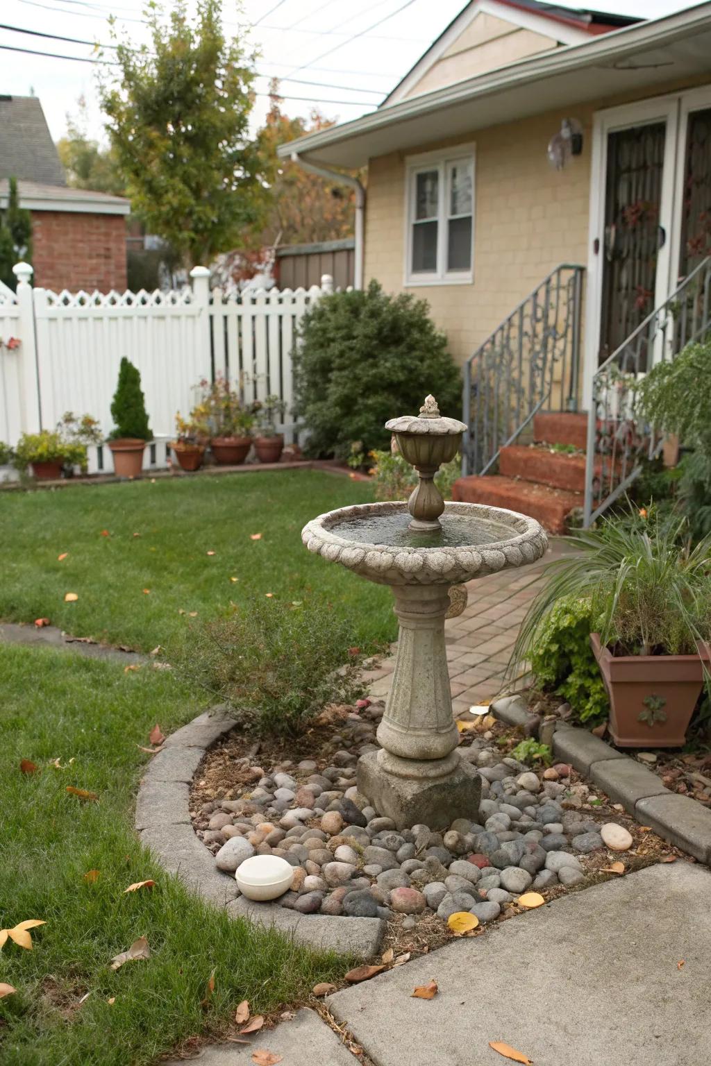 A birdbath adds tranquility and attracts local wildlife.