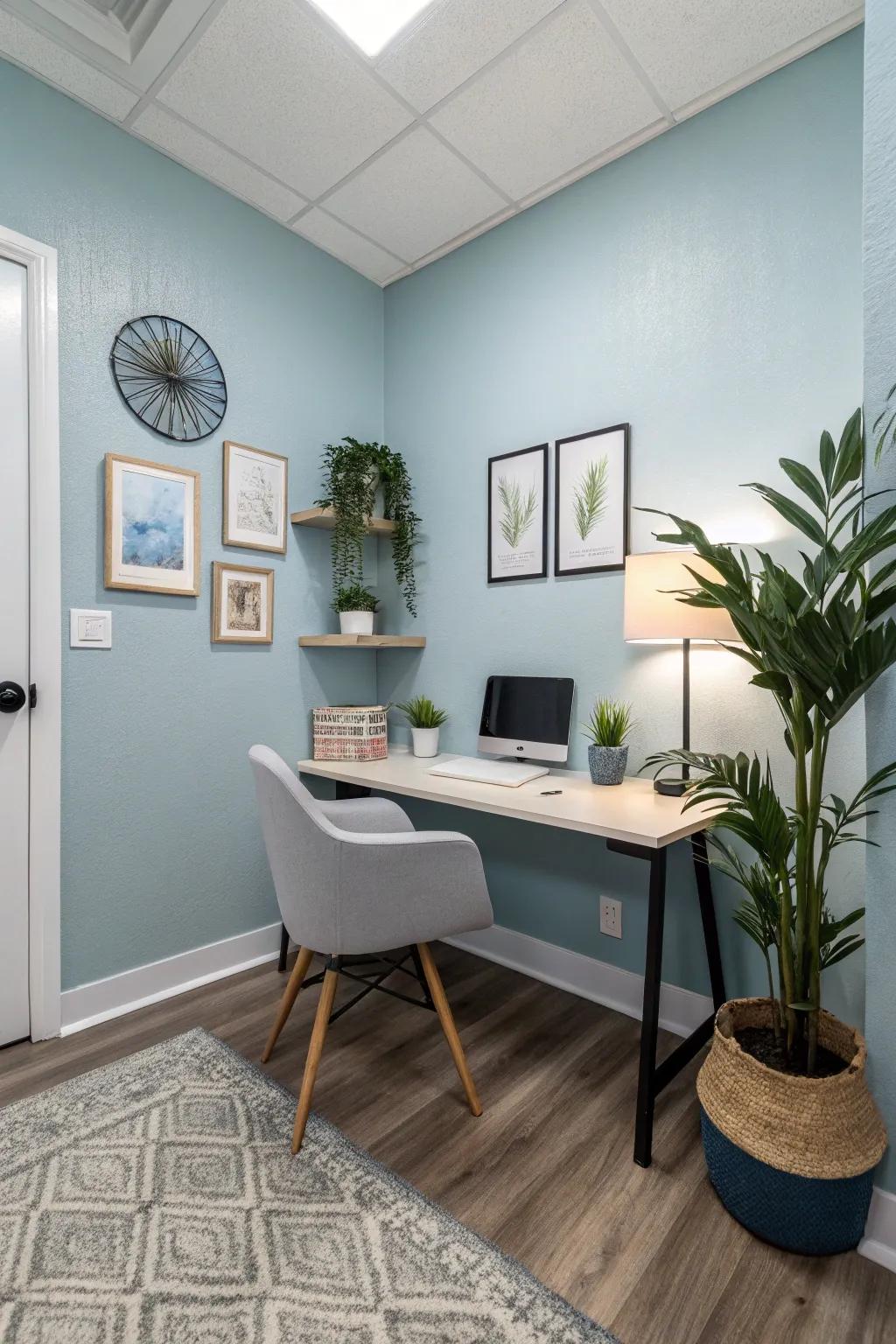 A soothing office space with walls painted in a calming blue hue.