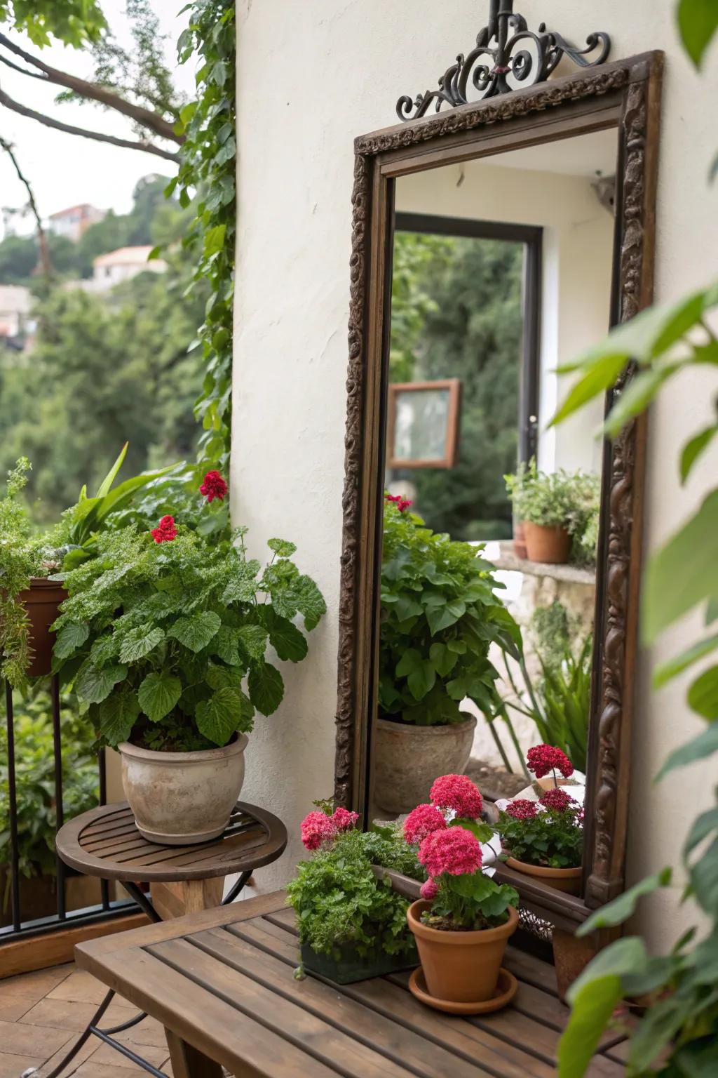 A mirror expands the visual space of a small patio.