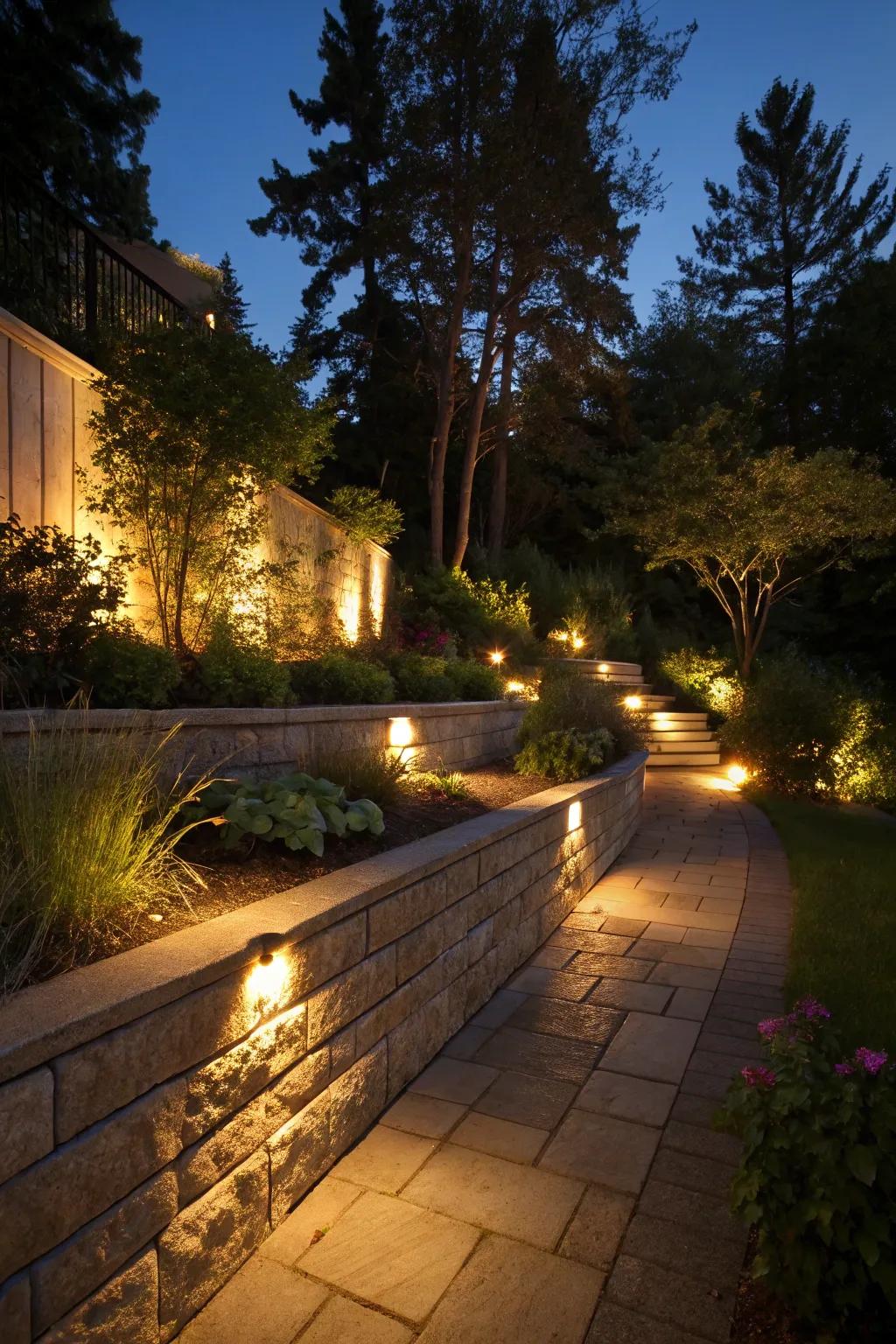 Lighting accents enhance retaining walls for magical evenings.