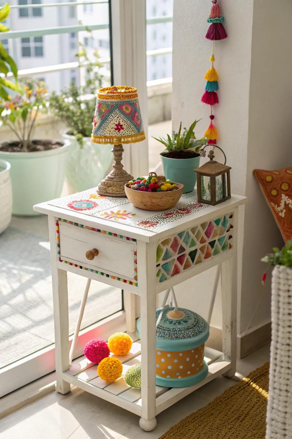 A pop of color enlivens the side table setting.