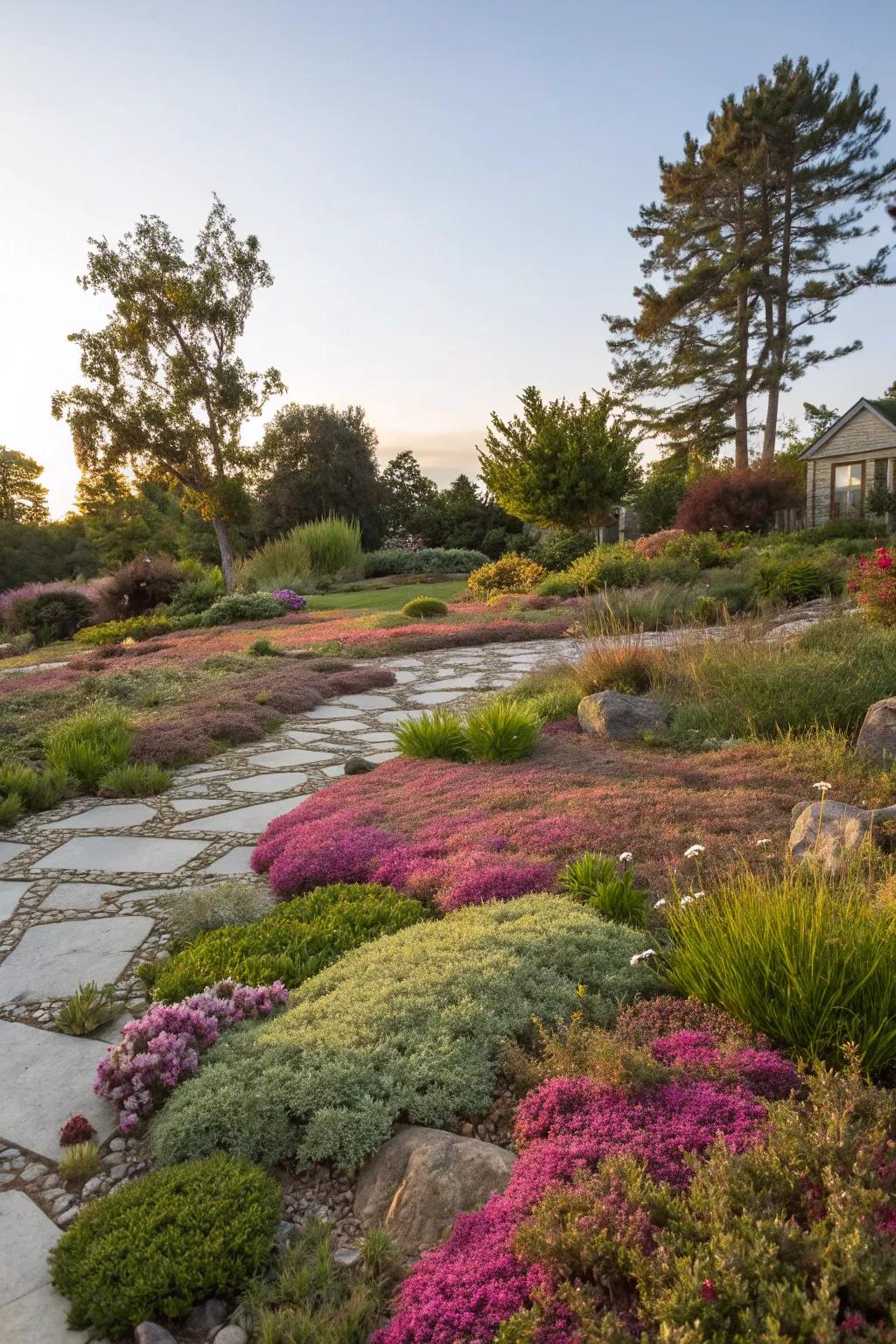 Ground covers providing texture and reducing lawn maintenance.