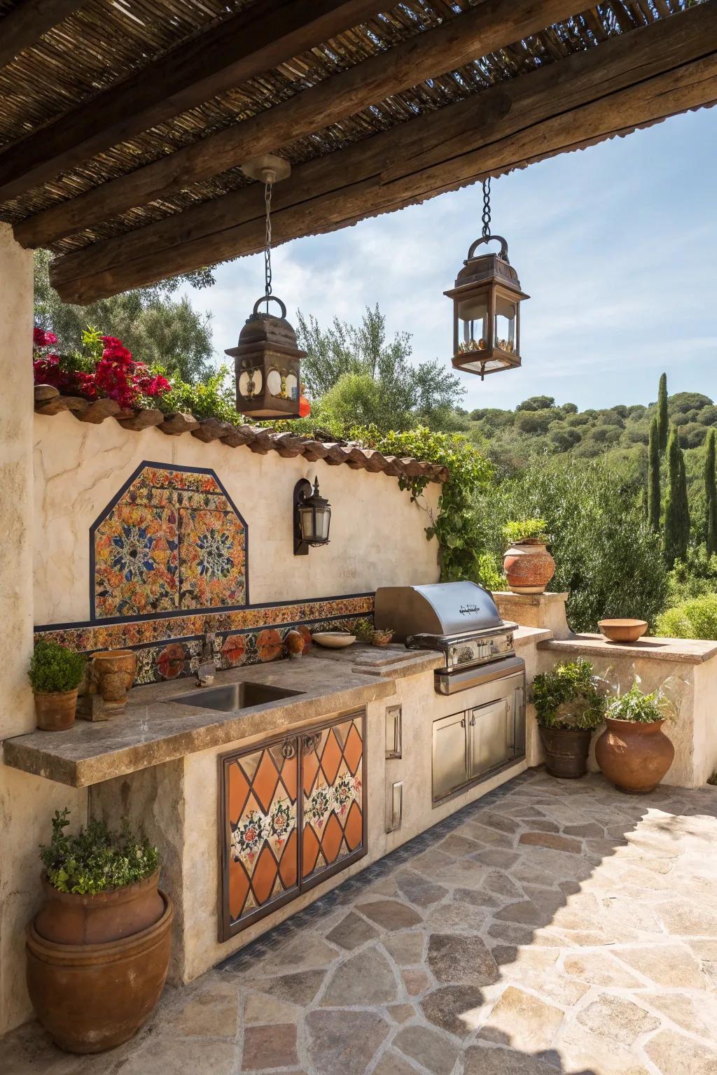 Stucco walls lend a classic Spanish touch to this charming outdoor kitchen.