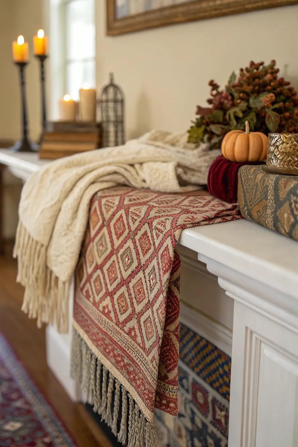 Textiles add warmth and texture to the mantel decoration.