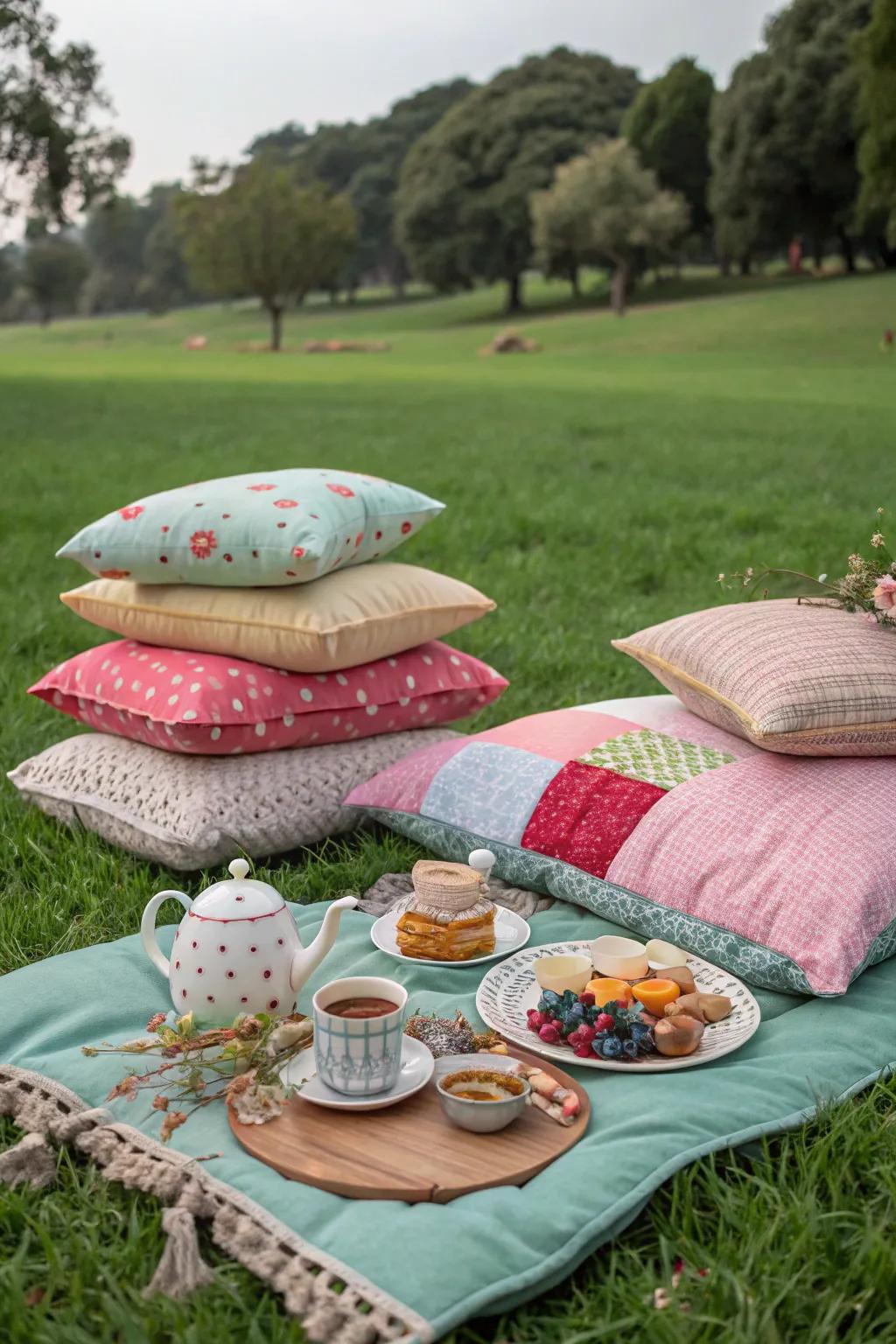 Layered picnic blankets provide a cozy seating arrangement.