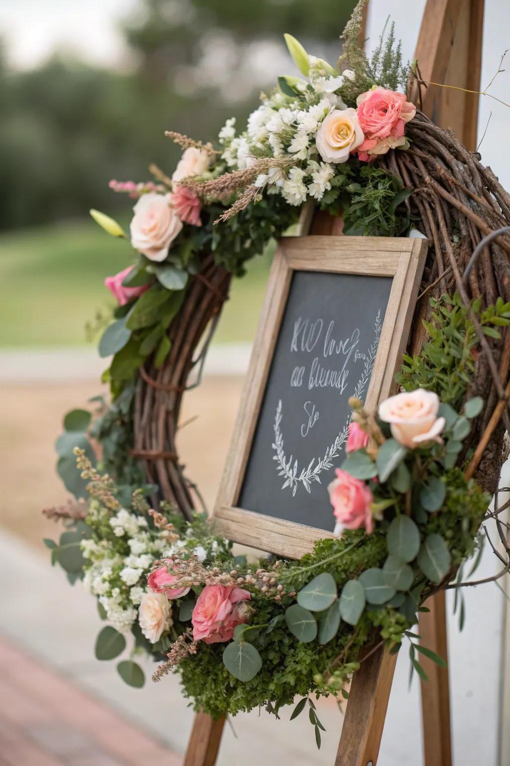 A personalized wreath featuring a writable chalkboard.