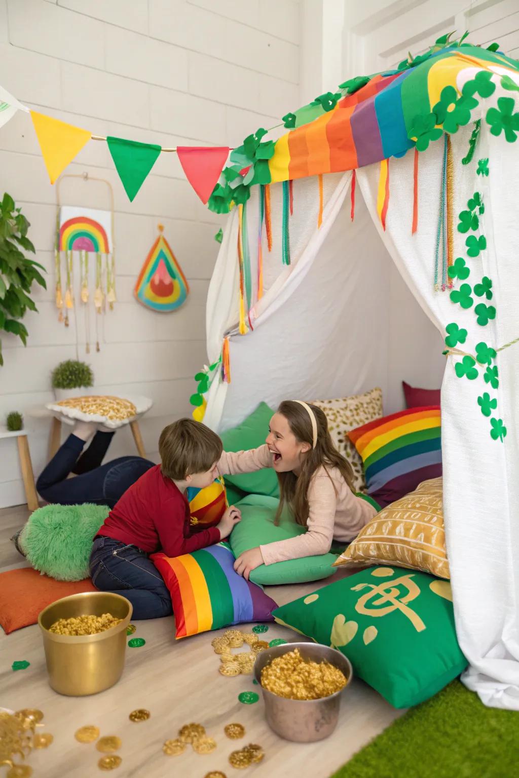 A colorful pillow fort perfect for playful photos.