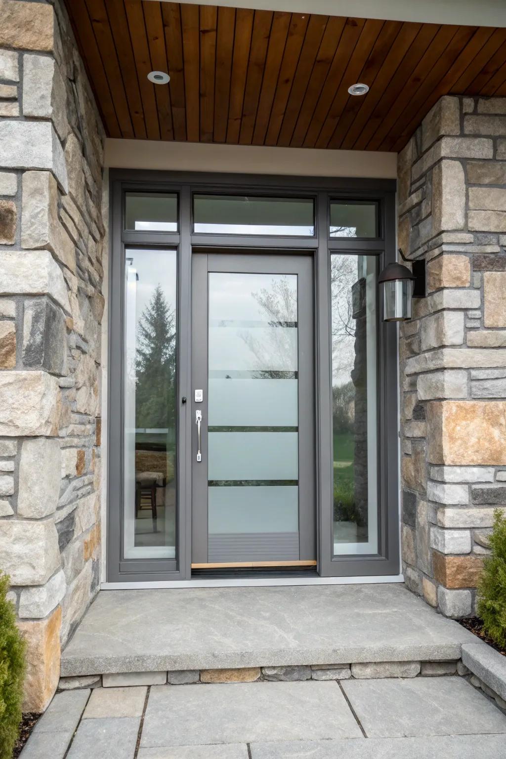 Stone and glass create a modern, balanced look.