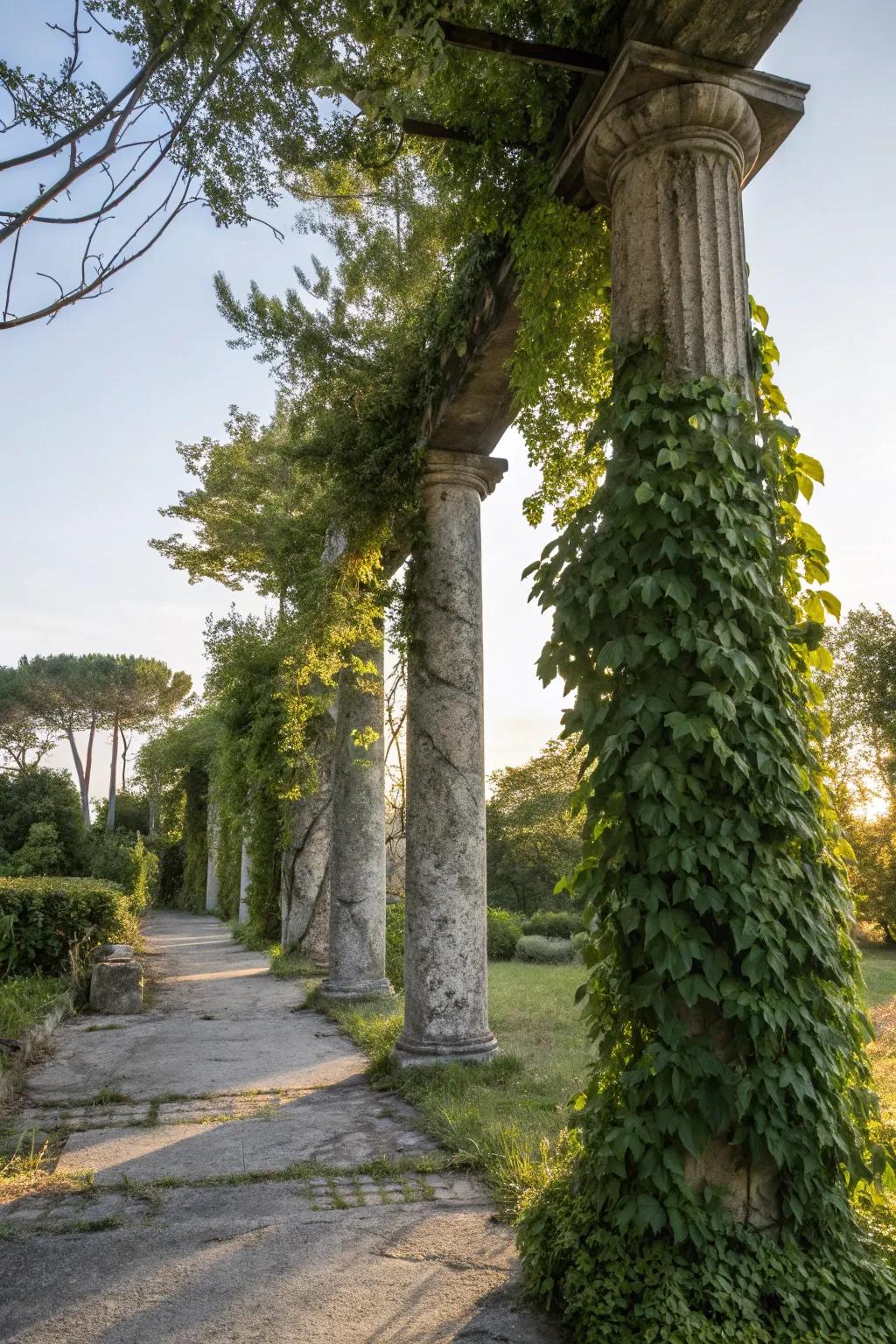 Transform stone pillars into living walls with vibrant greenery.