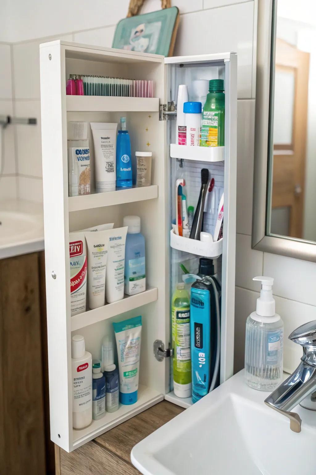 Slim bathroom cabinet for toiletries.