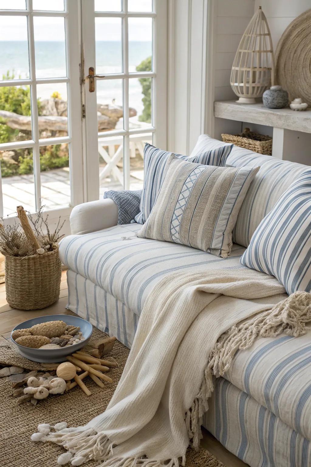 Beach-inspired textiles evoke a coastal feel.