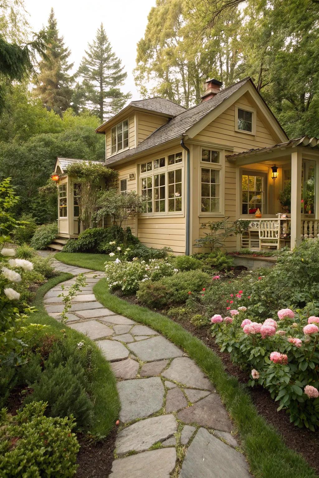 A warm beige summer house, providing a cozy and inviting garden retreat.