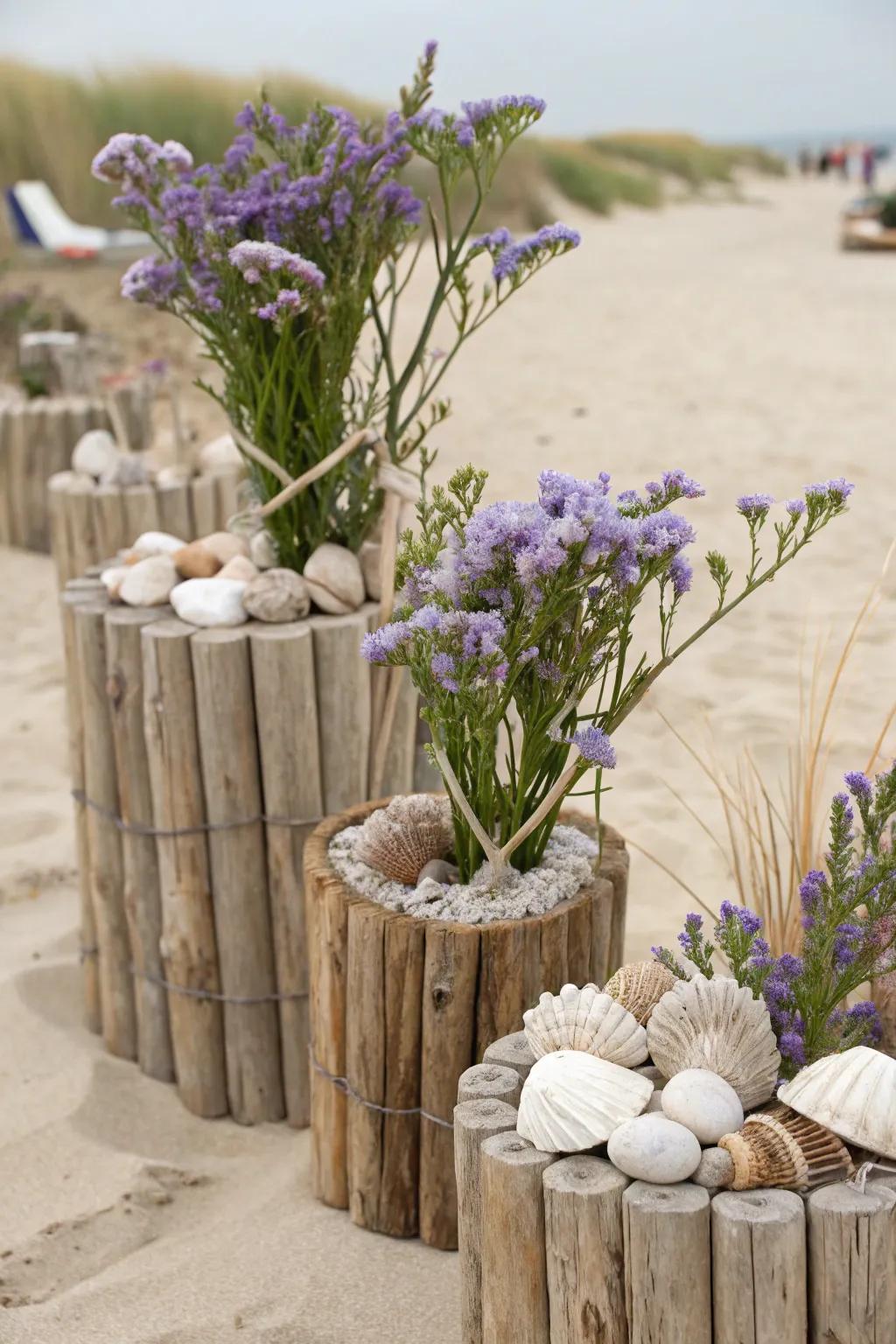 Planters with driftwood and sea lavender