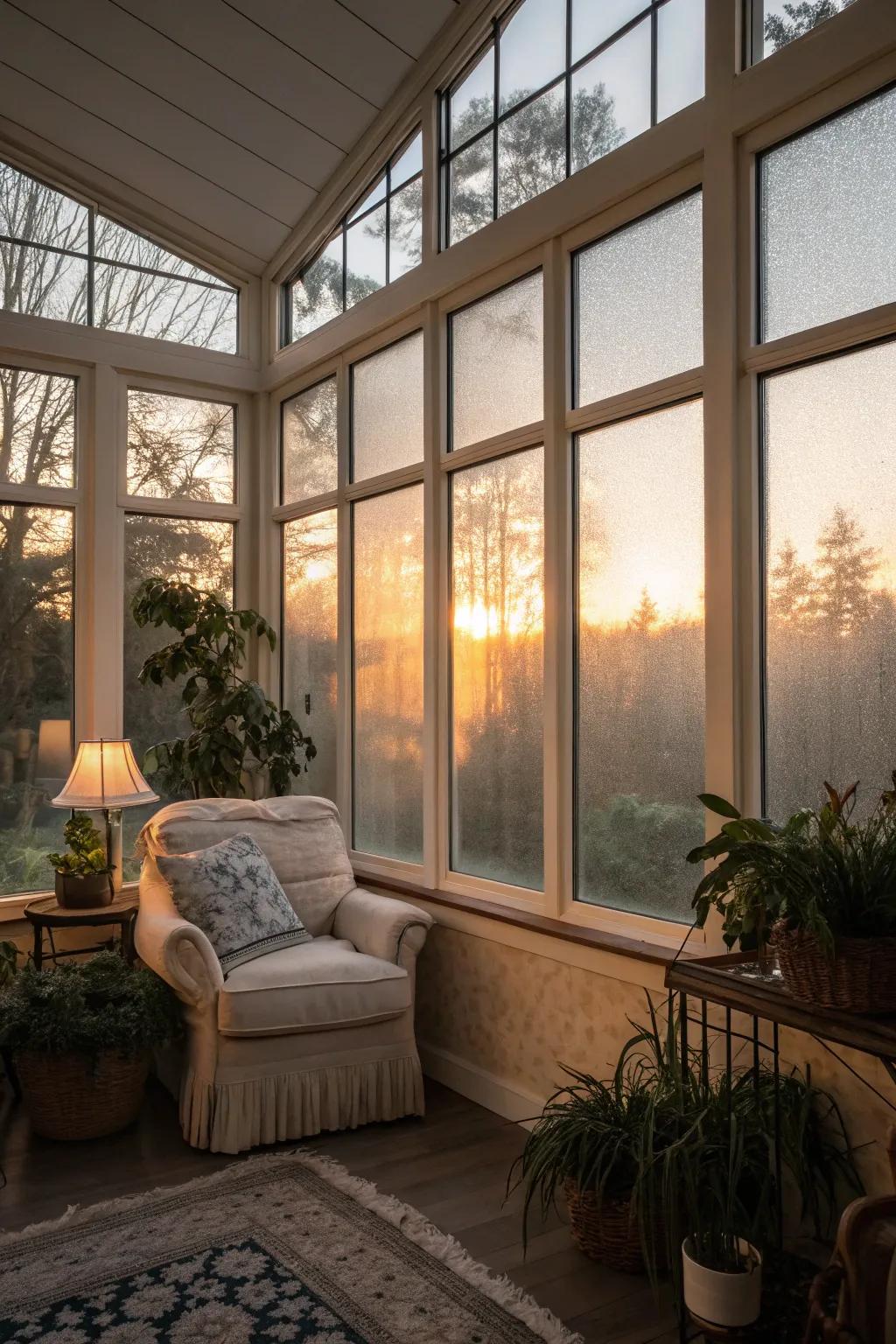 Frosted glass creates a soft, calming glow in your sunroom.