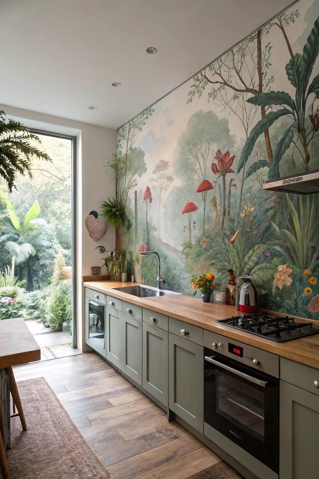 A kitchen featuring a surreal botanical garden.