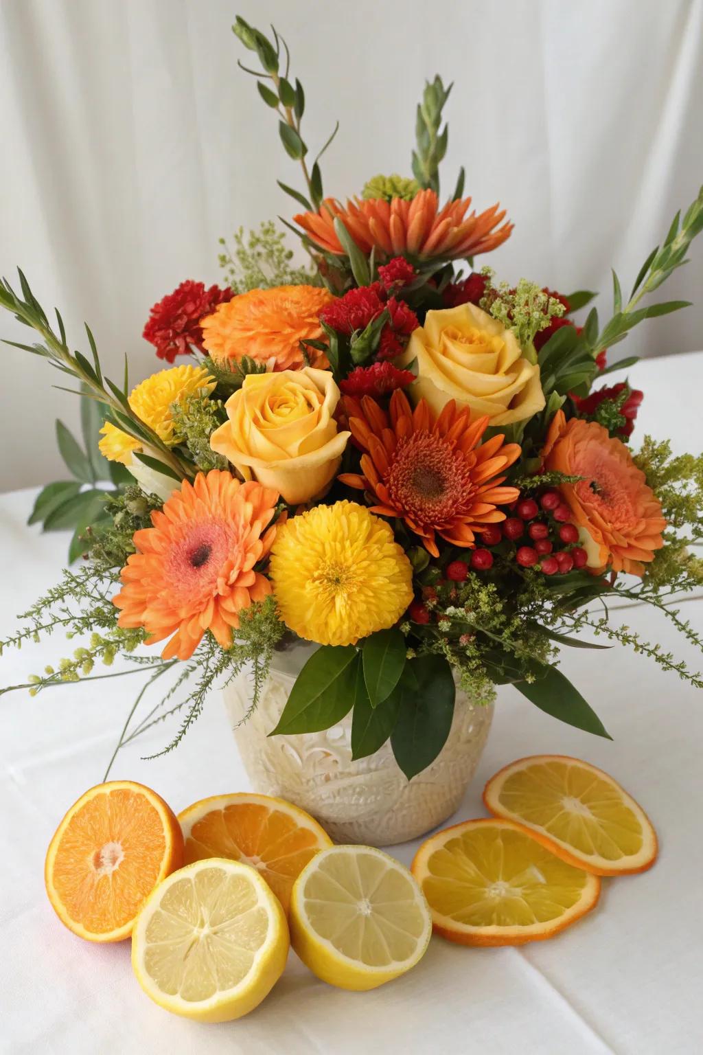 A refreshing centerpiece with floral arrangements and citrus fruits.