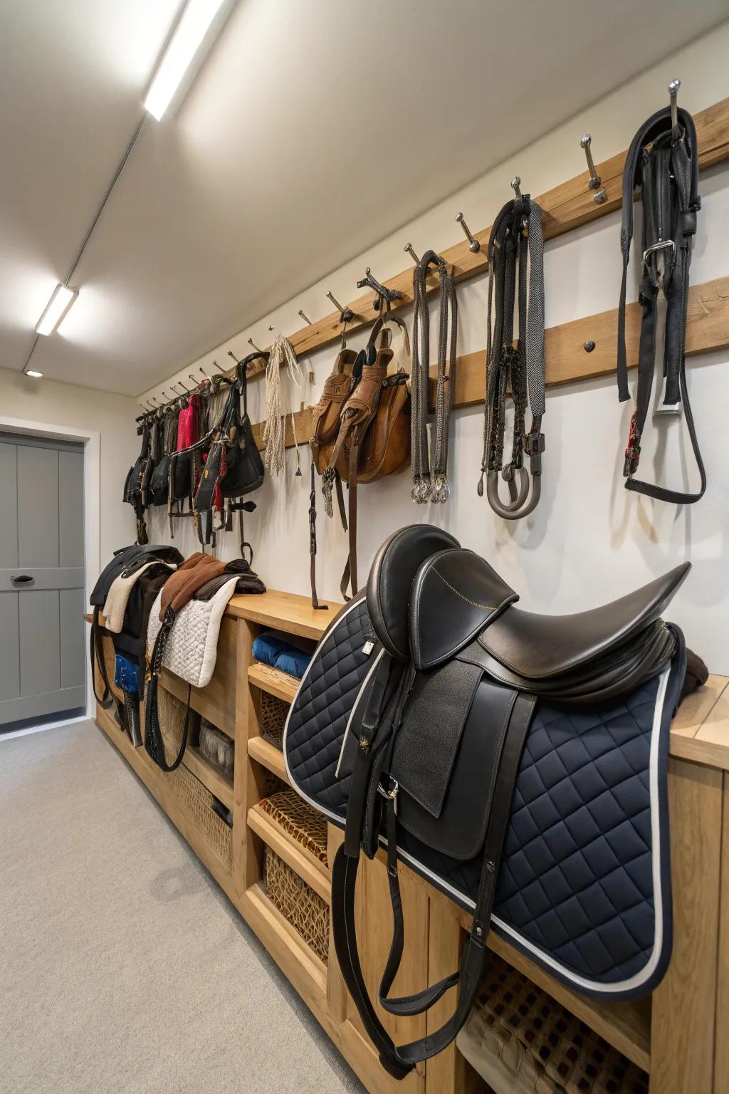 Ergonomic saddle racks in a tack room for protection and style.