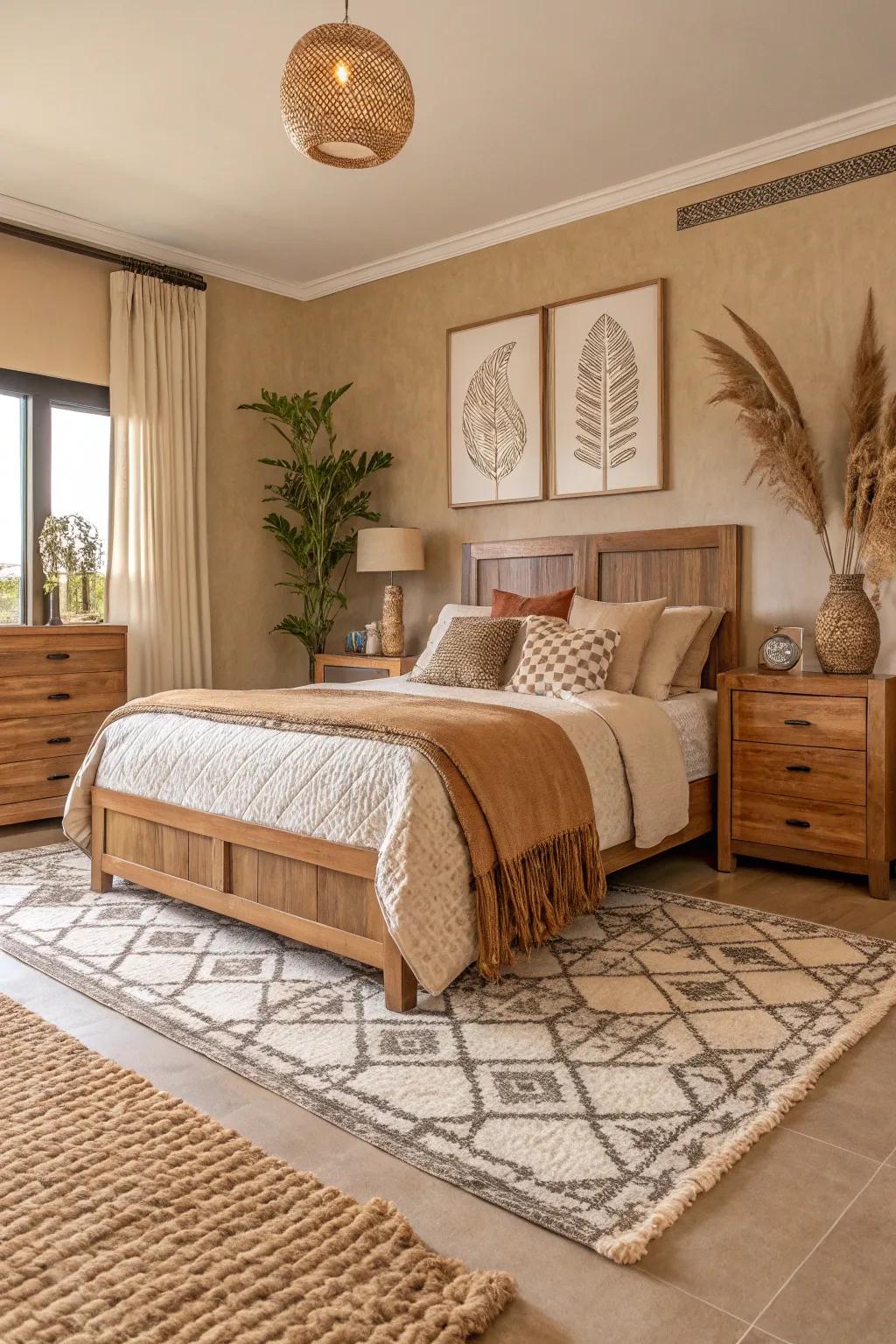 A mix of textures adds depth and visual interest to the tan bedroom.