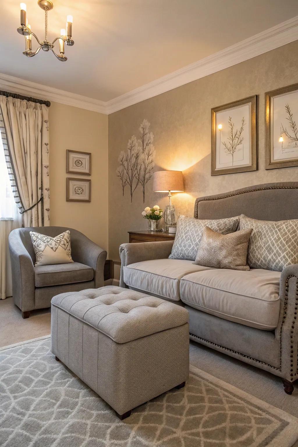 A cozy grey seating area in the bedroom.