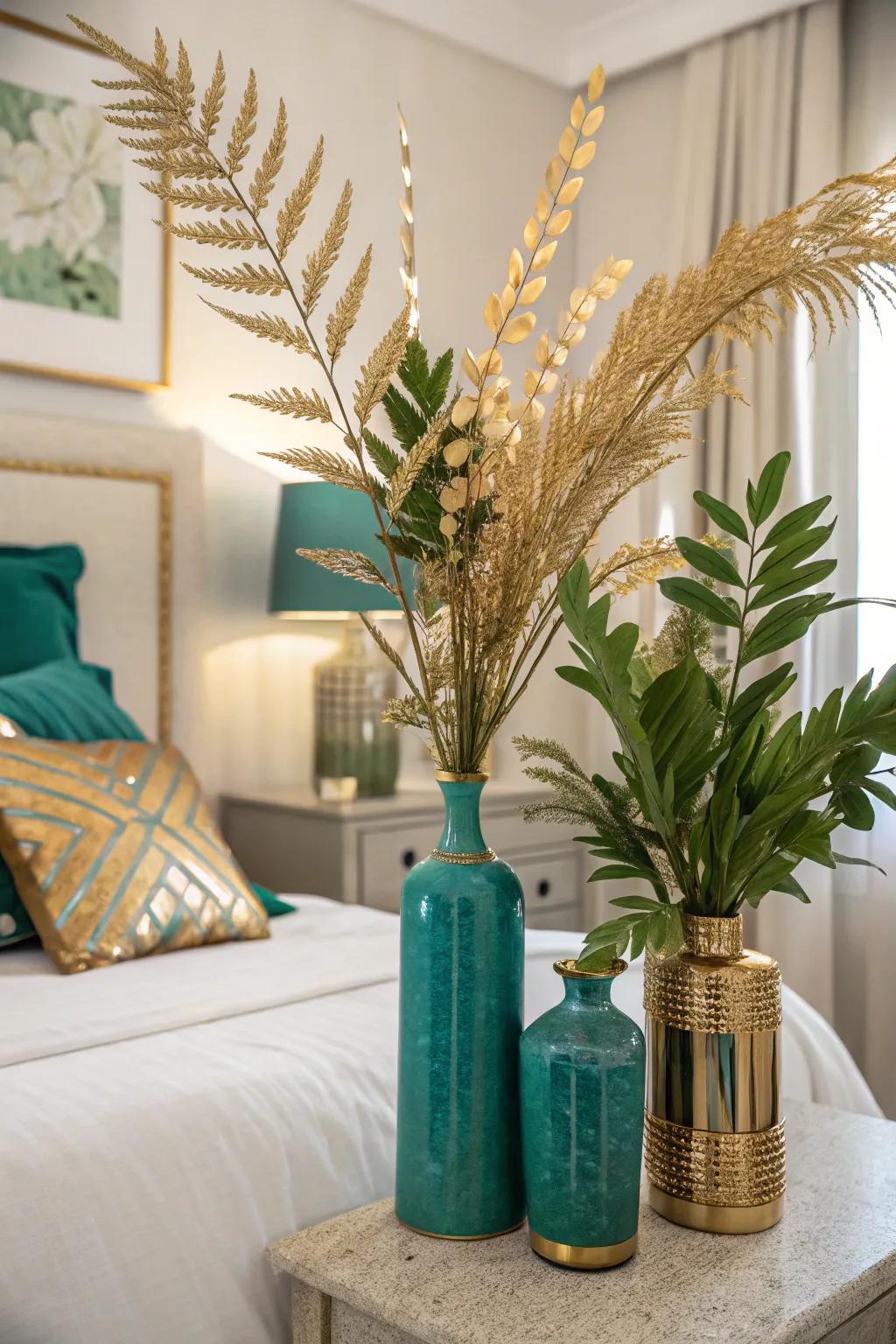 Gold-sprayed botanicals add a natural yet luxurious touch to this bedroom.