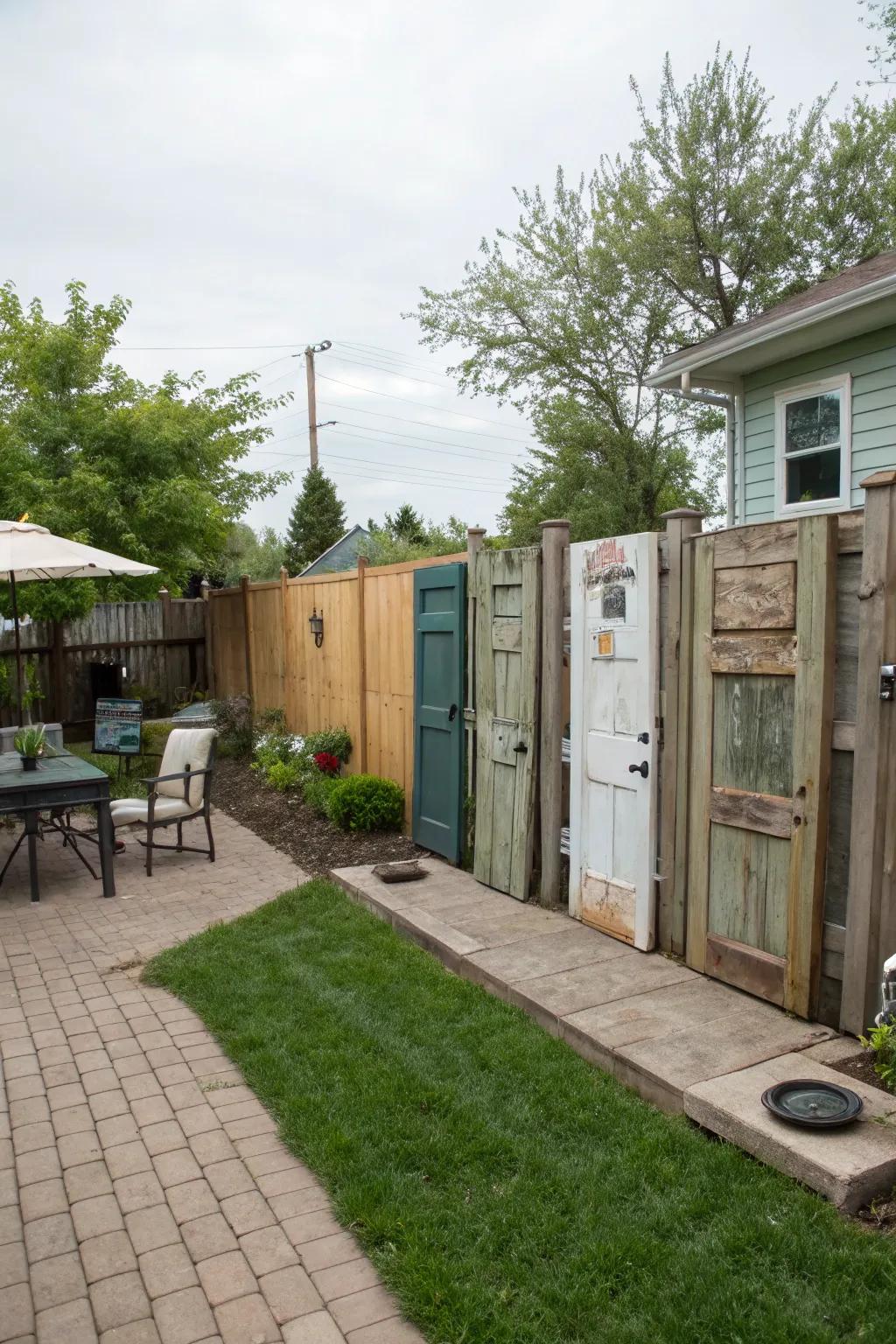 Repurposed doors create a whimsical and personalized privacy fence.