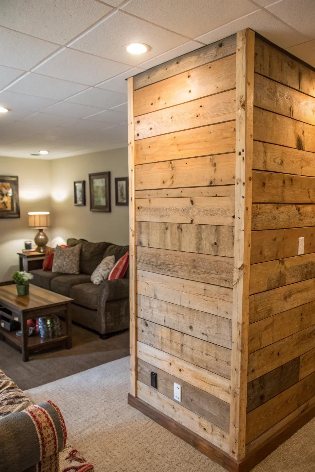 Wood panels create a warm, rustic feel on a temporary wall.